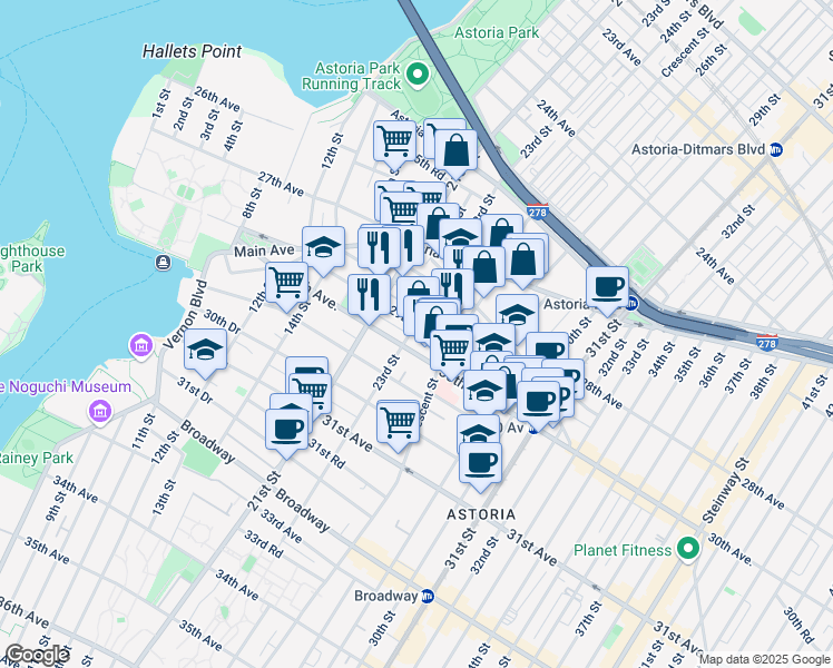 map of restaurants, bars, coffee shops, grocery stores, and more near 23-04 29th Avenue in Queens