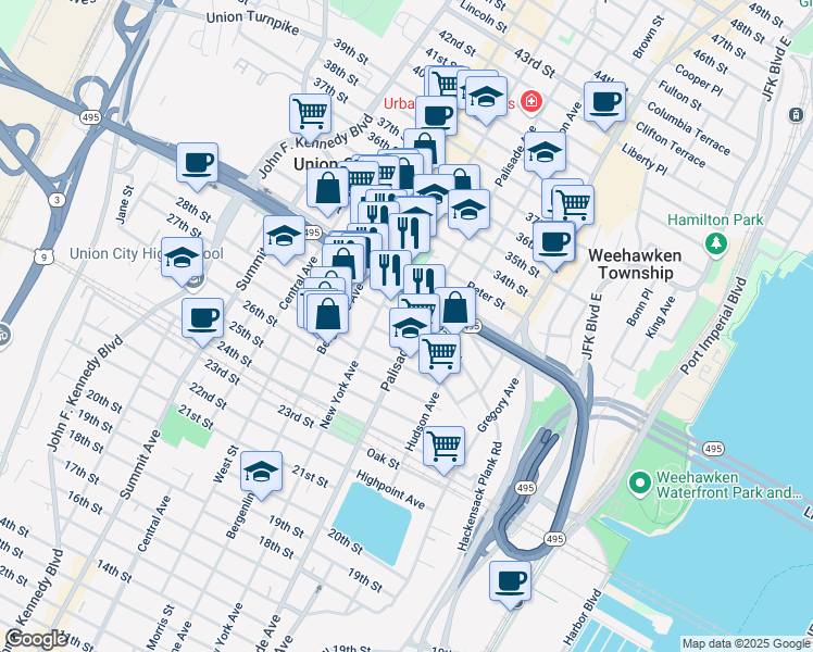 map of restaurants, bars, coffee shops, grocery stores, and more near 2815 Palisade Avenue in Union City