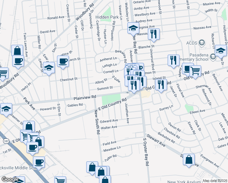 map of restaurants, bars, coffee shops, grocery stores, and more near 62 Summit Street in Hicksville
