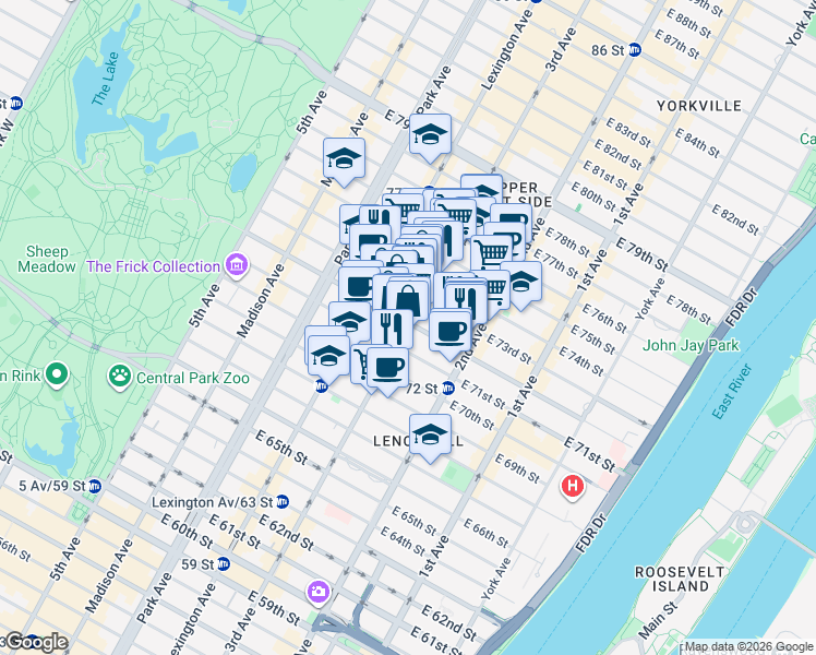 map of restaurants, bars, coffee shops, grocery stores, and more near 190 East 72nd Street in New York