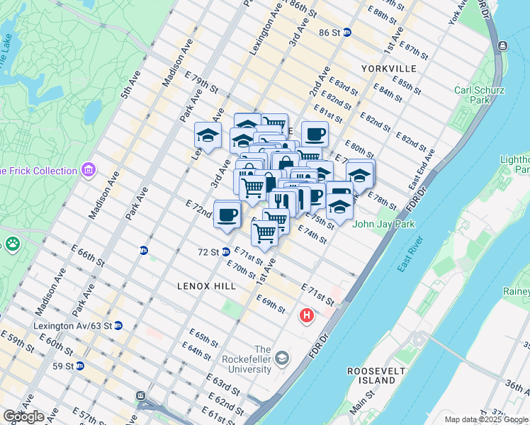 map of restaurants, bars, coffee shops, grocery stores, and more near 322 East 74th Street in New York