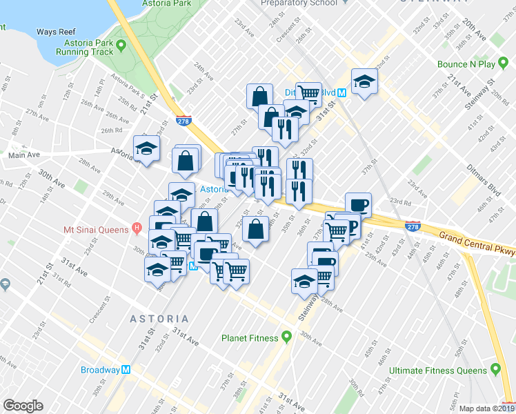 map of restaurants, bars, coffee shops, grocery stores, and more near 32-10 Astoria Boulevard in Queens