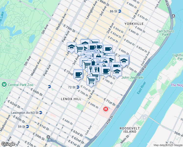 map of restaurants, bars, coffee shops, grocery stores, and more near 322 East 74th Street in New York