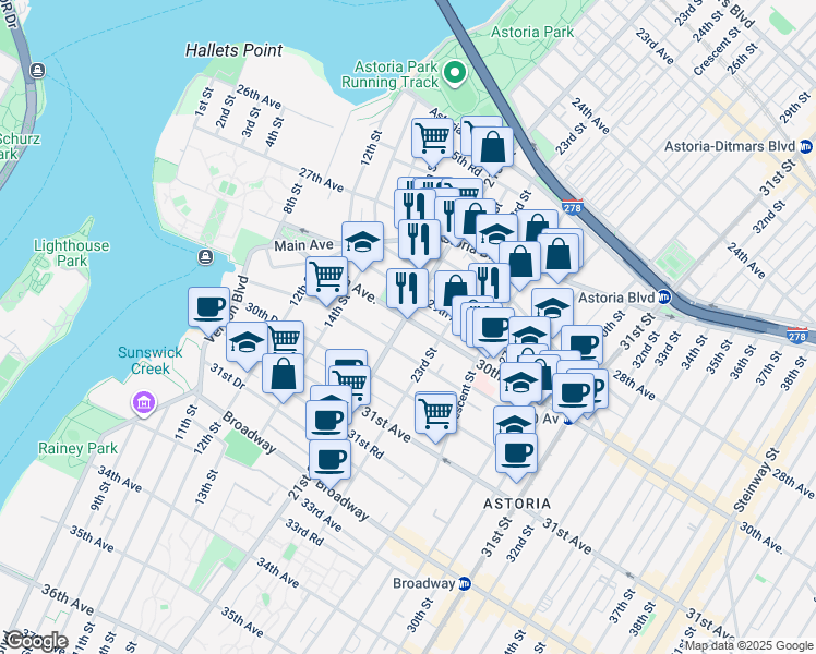 map of restaurants, bars, coffee shops, grocery stores, and more near 14-56 30th Avenue in Queens