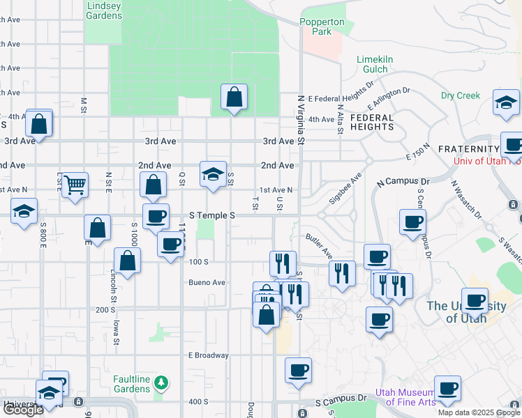 map of restaurants, bars, coffee shops, grocery stores, and more near 1259 East South Temple Street in Salt Lake City