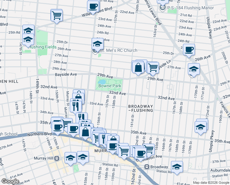 map of restaurants, bars, coffee shops, grocery stores, and more near 32nd Avenue in Queens