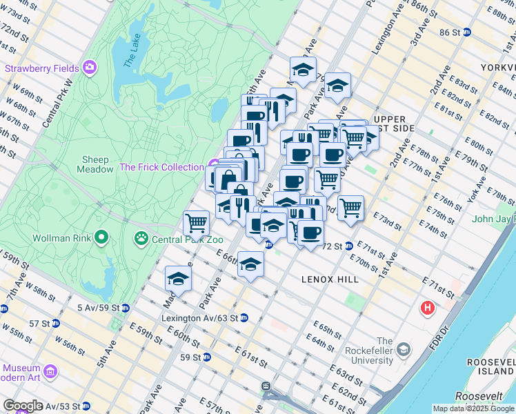 map of restaurants, bars, coffee shops, grocery stores, and more near 717 Park Avenue in New York