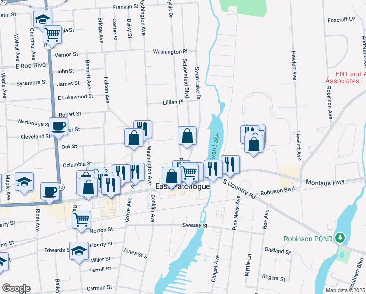 map of restaurants, bars, coffee shops, grocery stores, and more near 102 Schoenfeld Boulevard in Patchogue