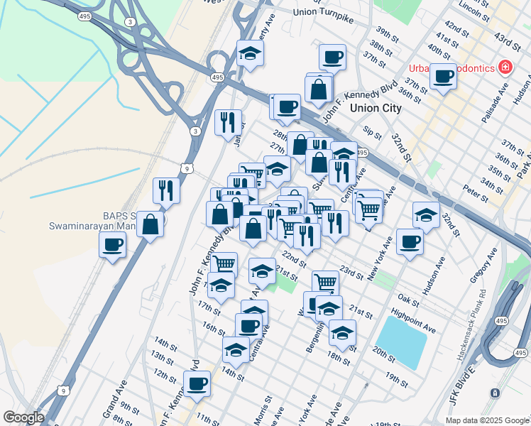 map of restaurants, bars, coffee shops, grocery stores, and more near 2307 Kerrigan Avenue in Union City