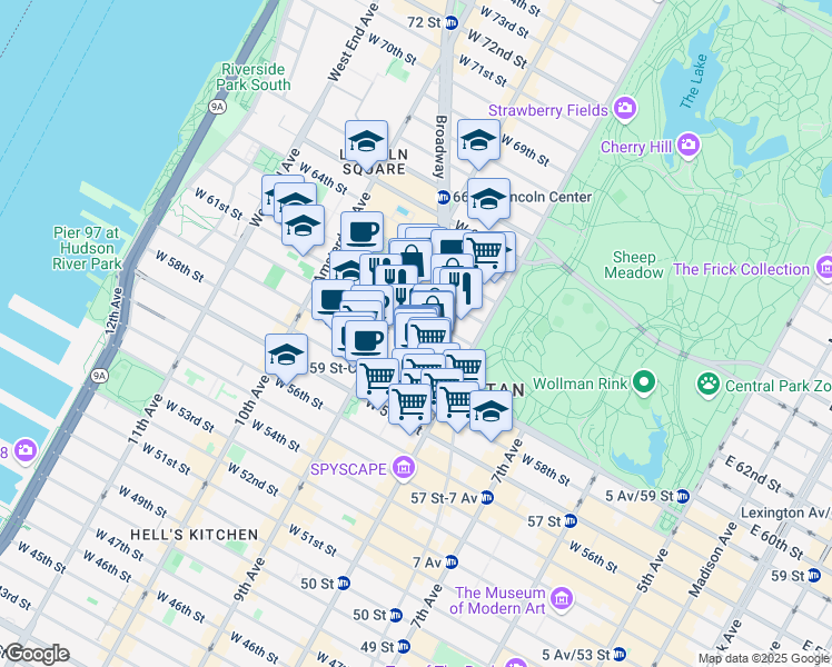map of restaurants, bars, coffee shops, grocery stores, and more near 24 West 61st Street in New York