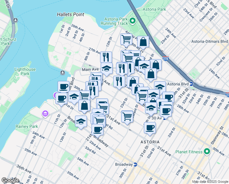 map of restaurants, bars, coffee shops, grocery stores, and more near 14-34 30th Avenue in Queens