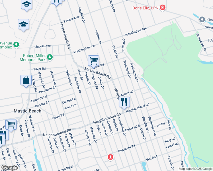 map of restaurants, bars, coffee shops, grocery stores, and more near 172 Longfellow Drive in Mastic Beach