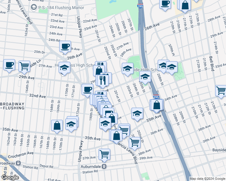 map of restaurants, bars, coffee shops, grocery stores, and more near 200-16 32nd Avenue in Queens
