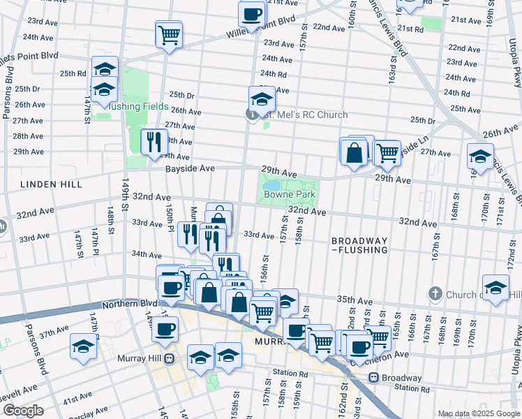 map of restaurants, bars, coffee shops, grocery stores, and more near 32-05 155th Street in Queens