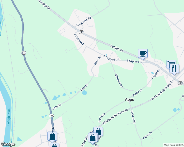 map of restaurants, bars, coffee shops, grocery stores, and more near 4815 Alder Drive in Walnutport