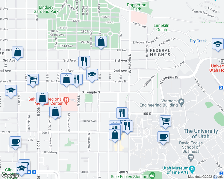 map of restaurants, bars, coffee shops, grocery stores, and more near 1263 East South Temple in Salt Lake City