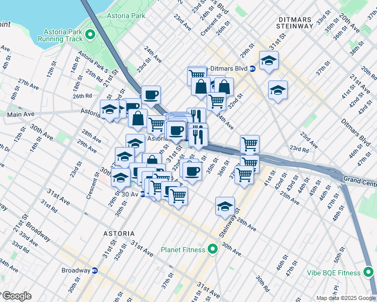 map of restaurants, bars, coffee shops, grocery stores, and more near in Queens
