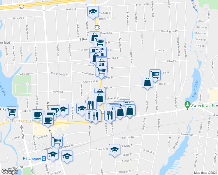 map of restaurants, bars, coffee shops, grocery stores, and more near 197 Oak Street in Patchogue