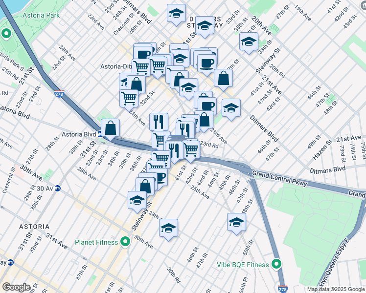 map of restaurants, bars, coffee shops, grocery stores, and more near 23-80 38th Street in Queens