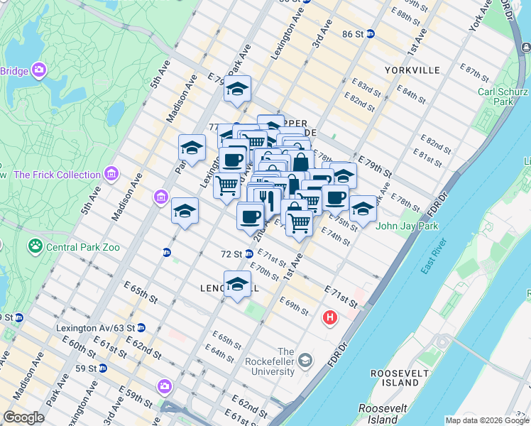 map of restaurants, bars, coffee shops, grocery stores, and more near in New York