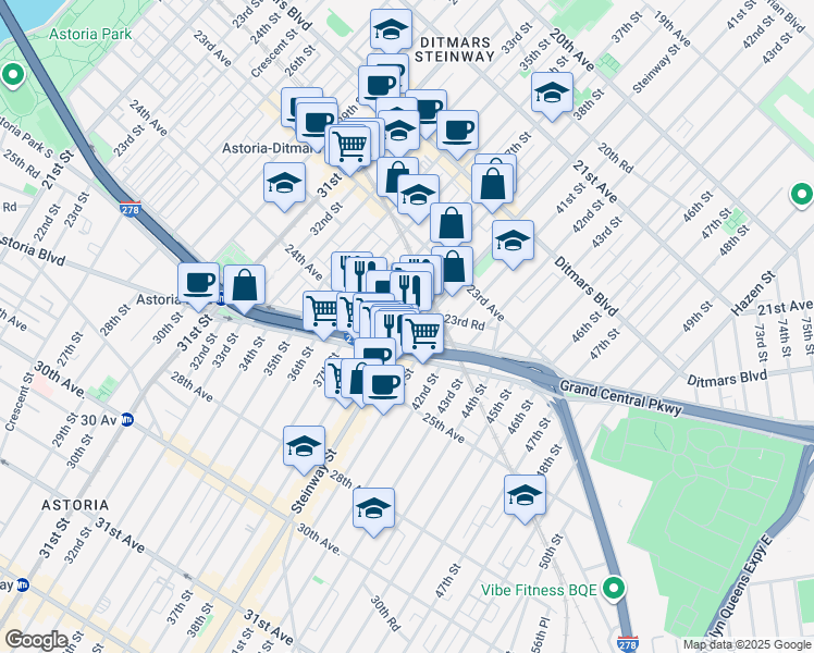 map of restaurants, bars, coffee shops, grocery stores, and more near 23-80 38th Street in Queens