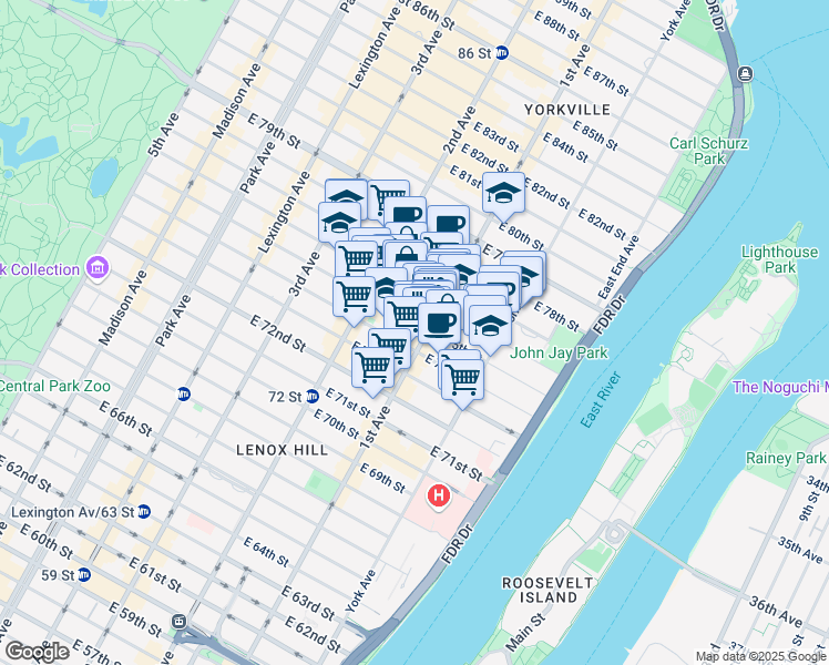 map of restaurants, bars, coffee shops, grocery stores, and more near 1439 1st Avenue in New York