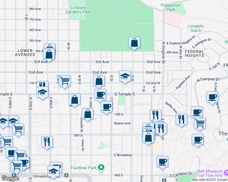map of restaurants, bars, coffee shops, grocery stores, and more near 1107 East South Temple Street in Salt Lake City