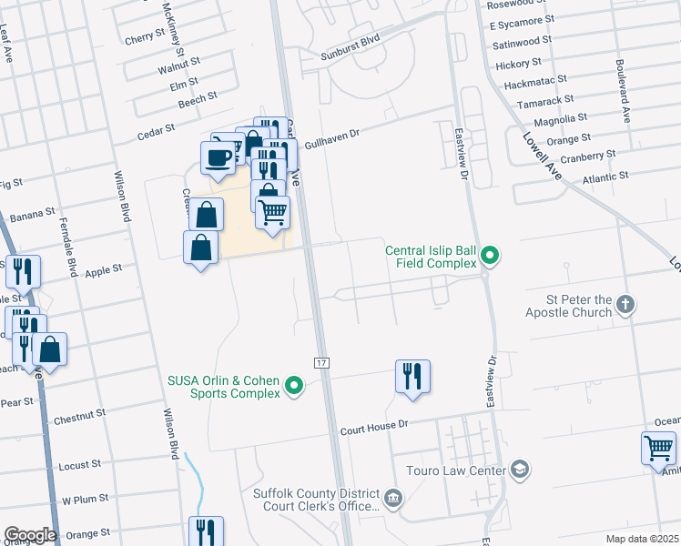 map of restaurants, bars, coffee shops, grocery stores, and more near 300 Carleton Avenue in Central Islip