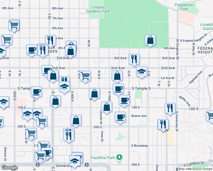 map of restaurants, bars, coffee shops, grocery stores, and more near 26 O Street in Salt Lake City