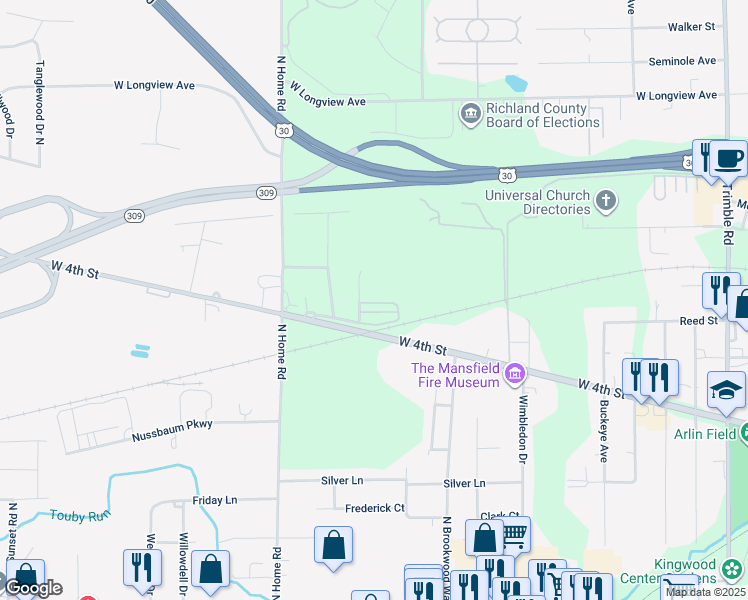 map of restaurants, bars, coffee shops, grocery stores, and more near 1496 West 4th Street in Mansfield