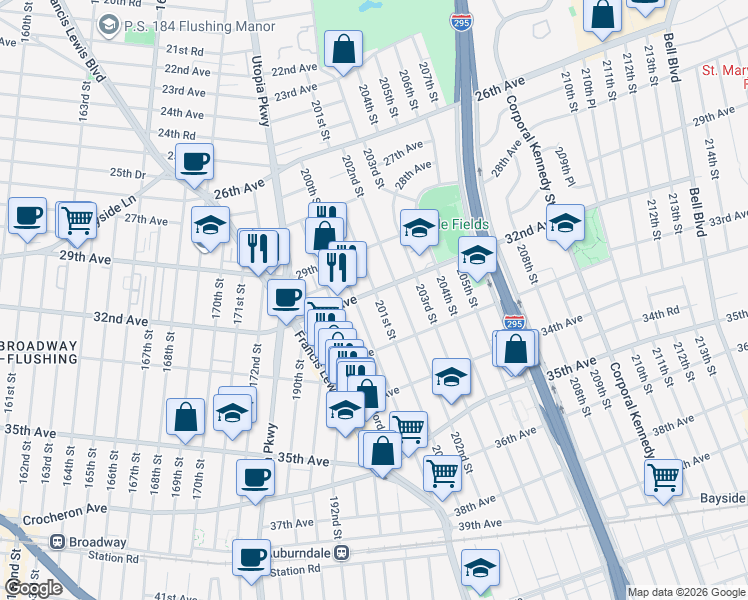 map of restaurants, bars, coffee shops, grocery stores, and more near 200-20 32nd Avenue in Queens