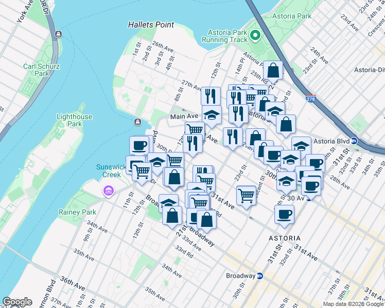 map of restaurants, bars, coffee shops, grocery stores, and more near 30-50 14th Street in Queens