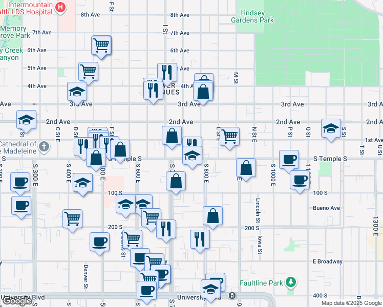 map of restaurants, bars, coffee shops, grocery stores, and more near 731 East South Temple in Salt Lake City