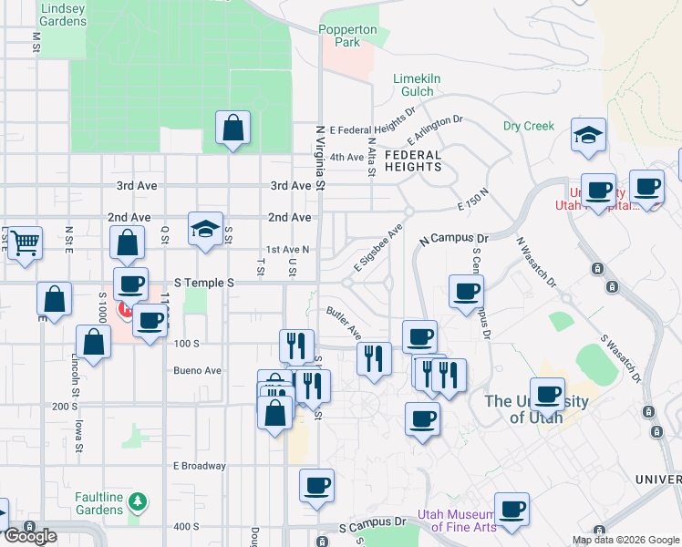map of restaurants, bars, coffee shops, grocery stores, and more near 24 North Virginia Street in Salt Lake City