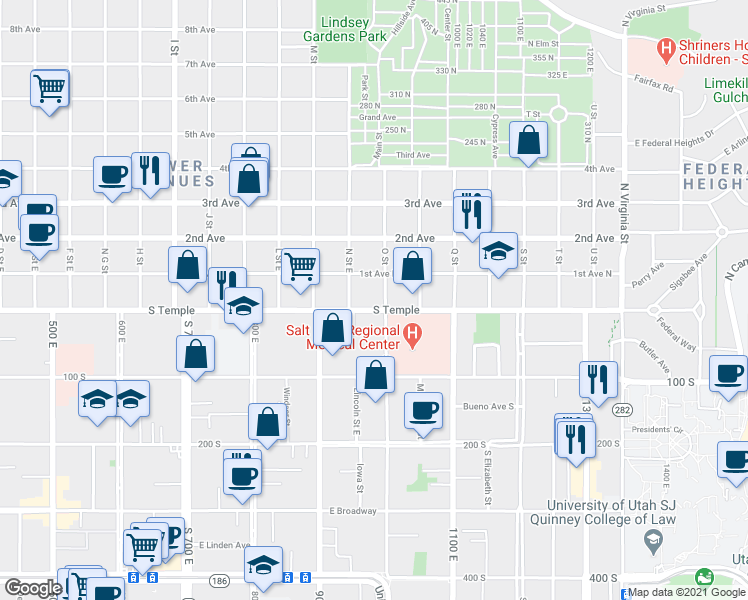 map of restaurants, bars, coffee shops, grocery stores, and more near 26 O Street in Salt Lake City