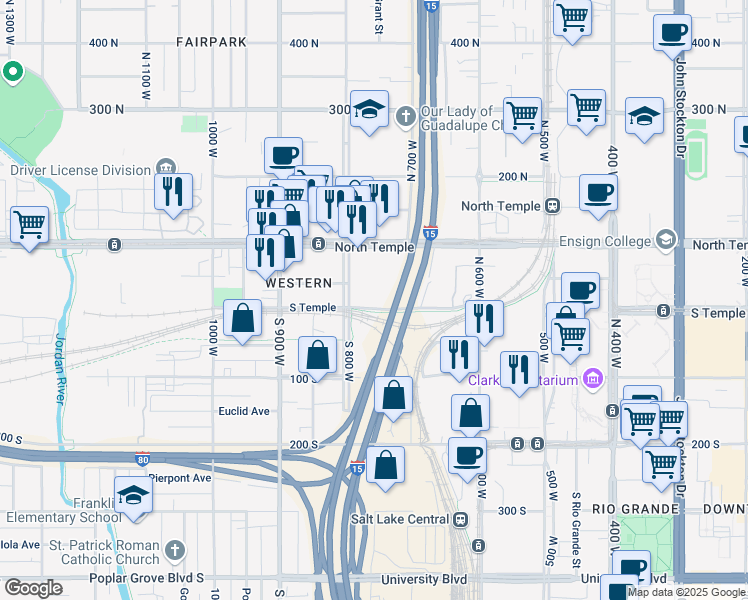 map of restaurants, bars, coffee shops, grocery stores, and more near 22 North 8th West in Salt Lake City