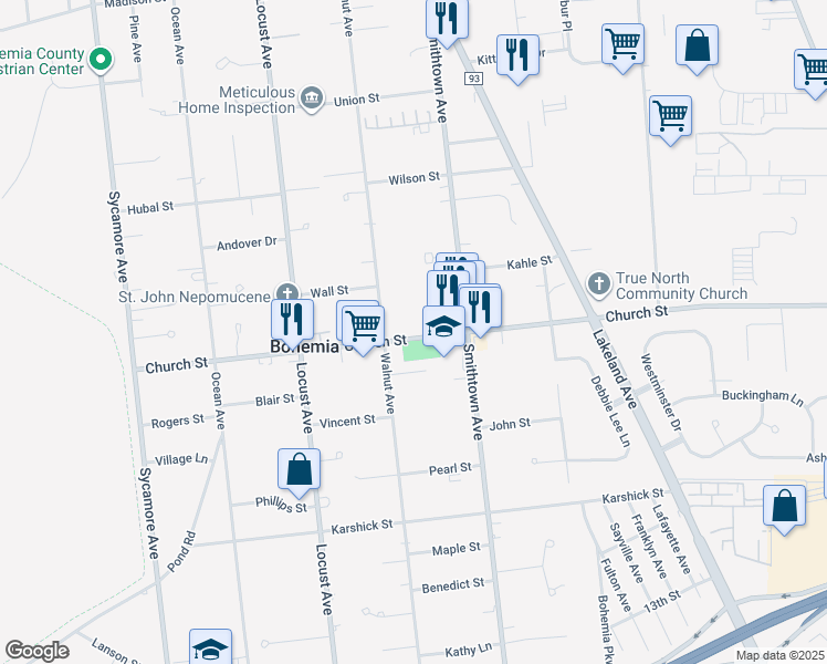 map of restaurants, bars, coffee shops, grocery stores, and more near 915 Church Street in Bohemia