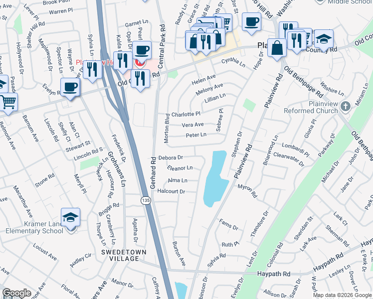 map of restaurants, bars, coffee shops, grocery stores, and more near 104 Morton Boulevard in Plainview