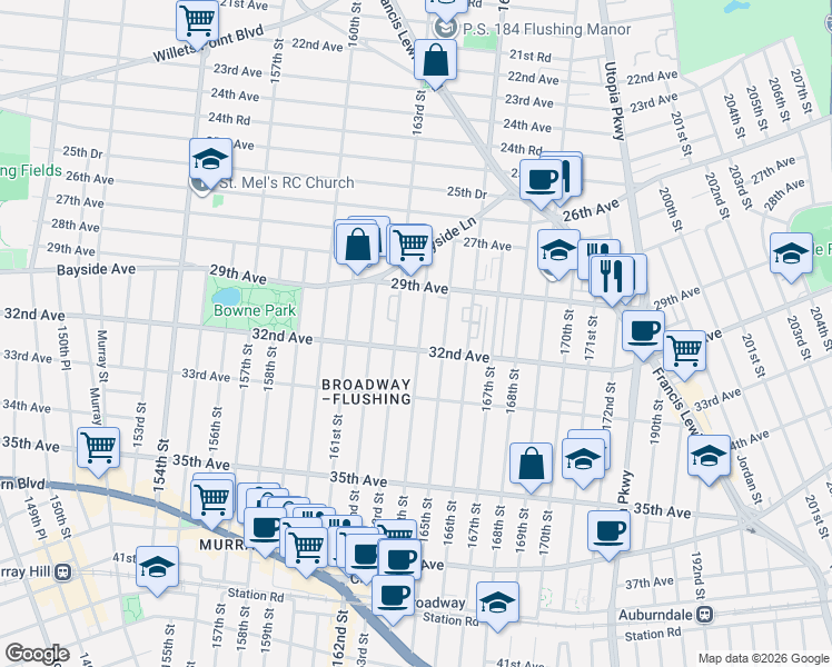 map of restaurants, bars, coffee shops, grocery stores, and more near 29-37 163rd Street in Queens