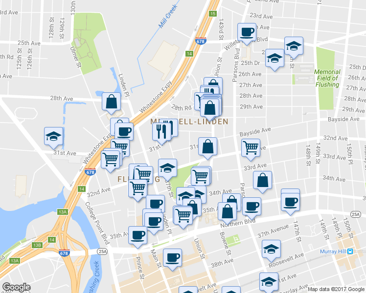 map of restaurants, bars, coffee shops, grocery stores, and more near 31-15 140th Street in Queens