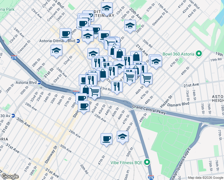 map of restaurants, bars, coffee shops, grocery stores, and more near 42-05 23rd Avenue in Queens