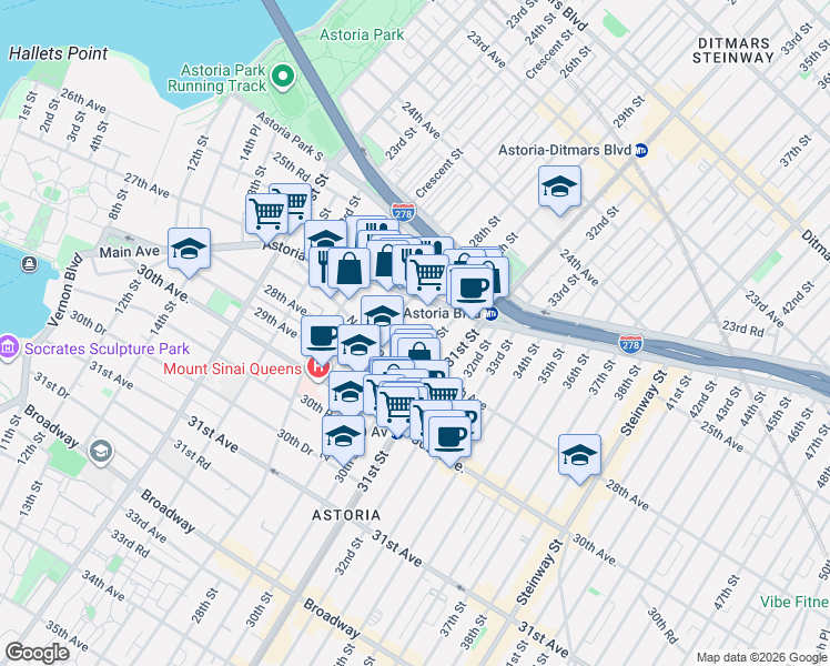 map of restaurants, bars, coffee shops, grocery stores, and more near 26-33 28th Street in Queens
