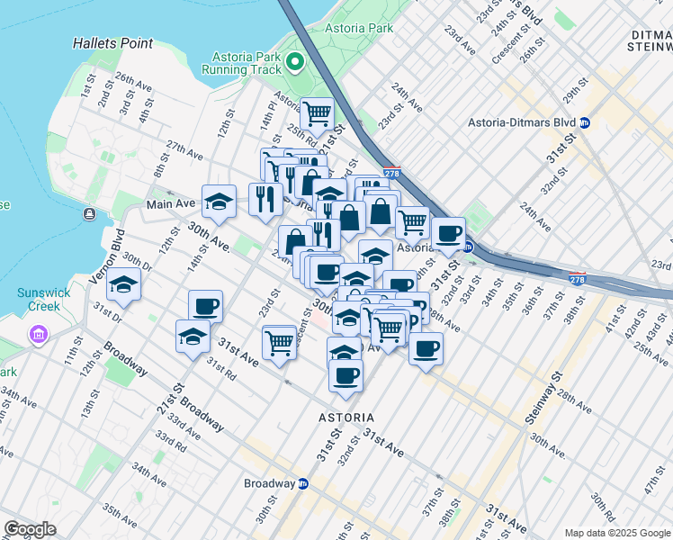 map of restaurants, bars, coffee shops, grocery stores, and more near 28-14 Crescent Street in Queens
