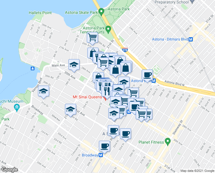 map of restaurants, bars, coffee shops, grocery stores, and more near 28-14 Crescent Street in Queens