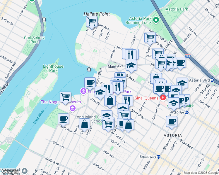 map of restaurants, bars, coffee shops, grocery stores, and more near in Queens