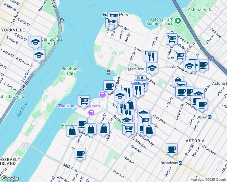 map of restaurants, bars, coffee shops, grocery stores, and more near 3329 Vernon Boulevard in Queens