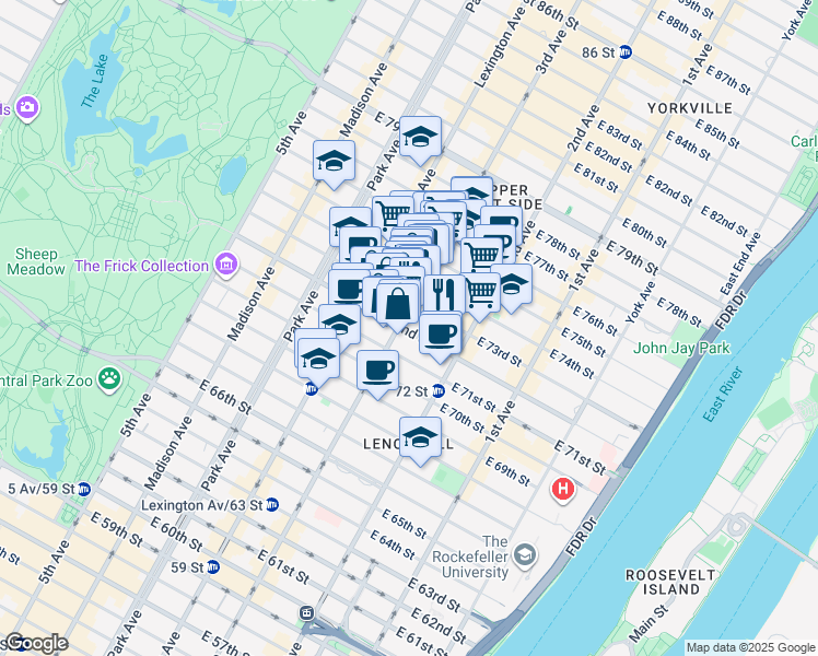 map of restaurants, bars, coffee shops, grocery stores, and more near 1230 3rd Avenue in New York