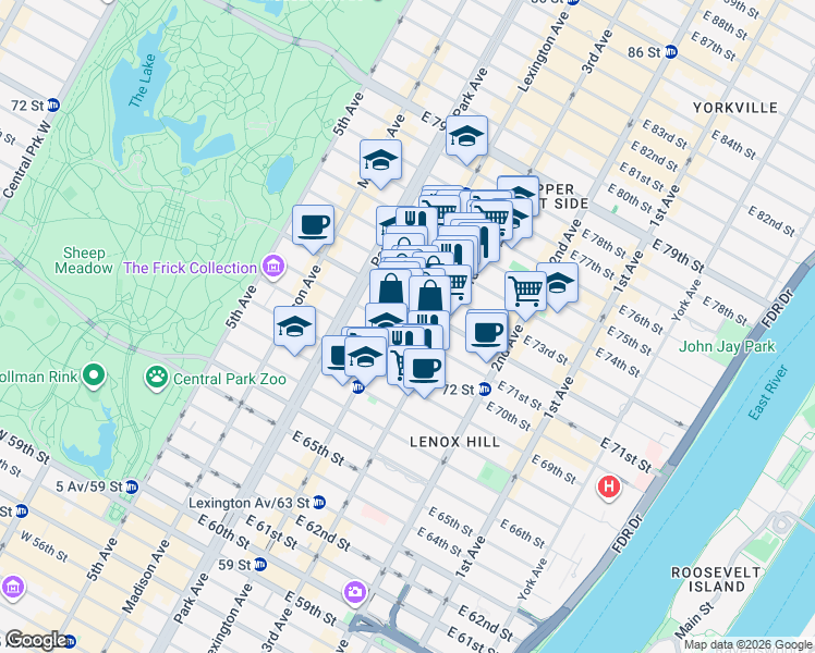 map of restaurants, bars, coffee shops, grocery stores, and more near 158 East 72nd Street in New York