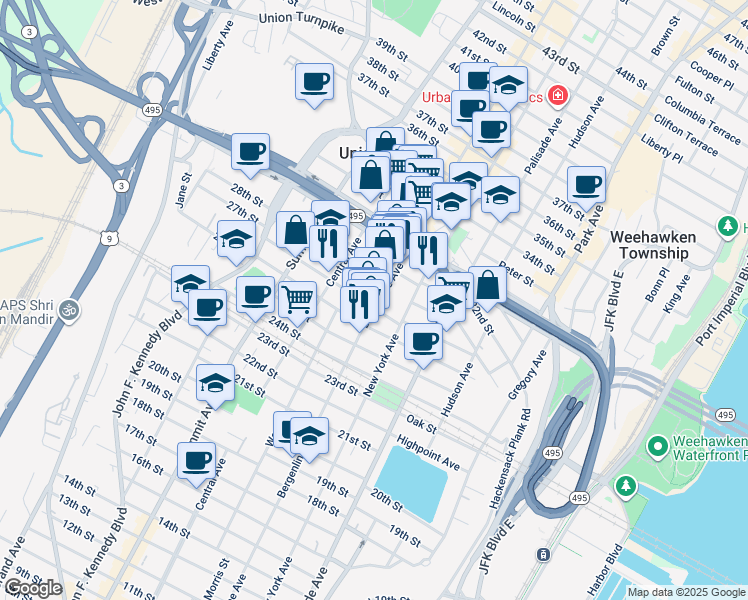 map of restaurants, bars, coffee shops, grocery stores, and more near 2813 Bergenline Avenue in Union City