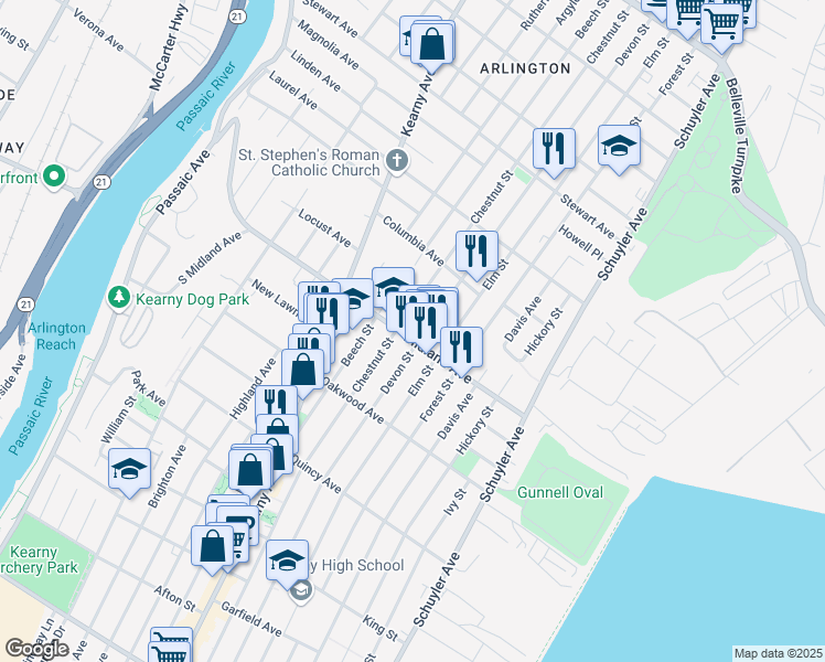 map of restaurants, bars, coffee shops, grocery stores, and more near 601 Devon Street in Kearny